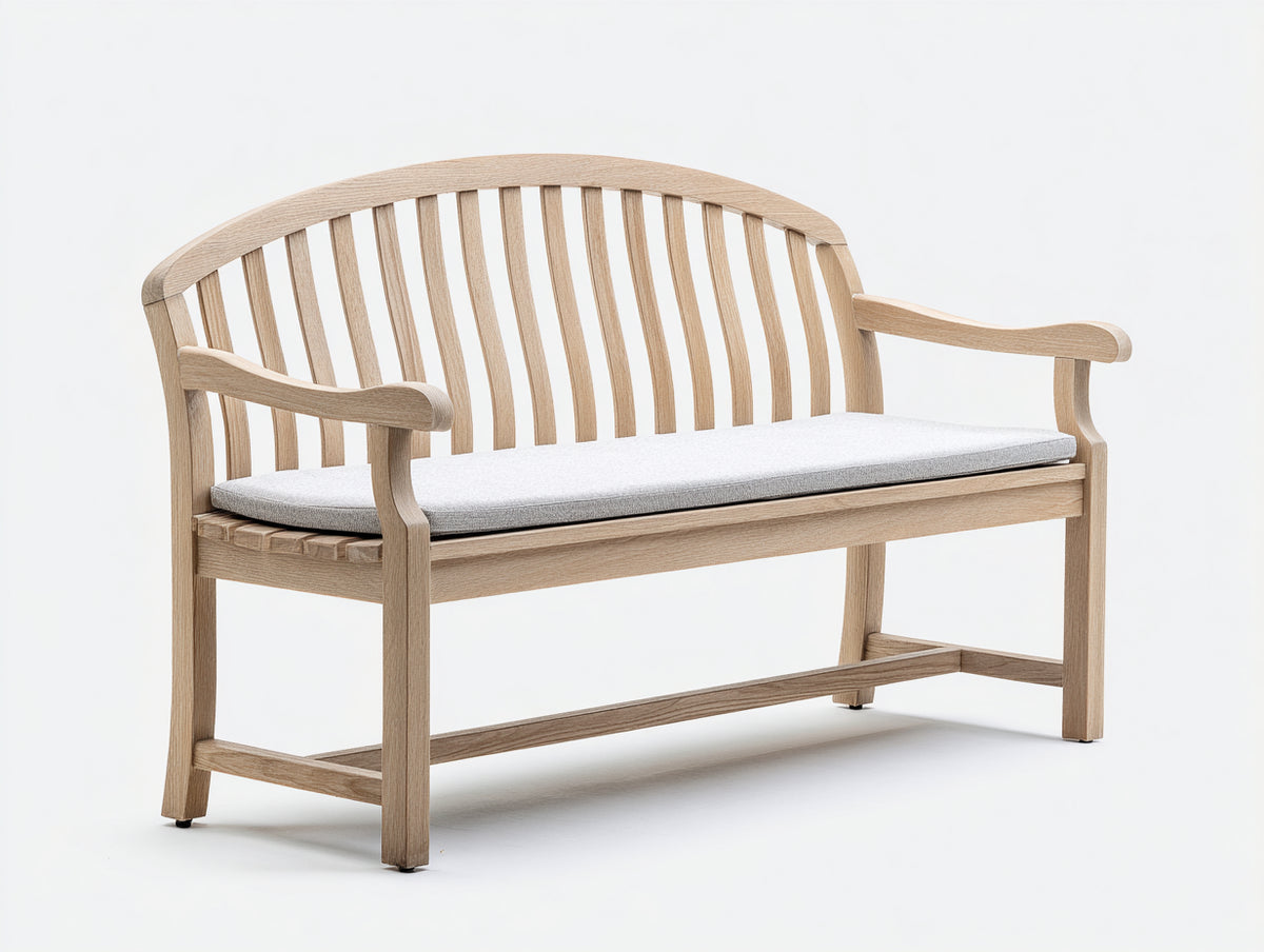 Gartenbank aus Holz 160 x 65 x 90 cm - Natur und Hellgrau - geschwungene Lattenrückenlehne mit gepolsterter Sitzfläche