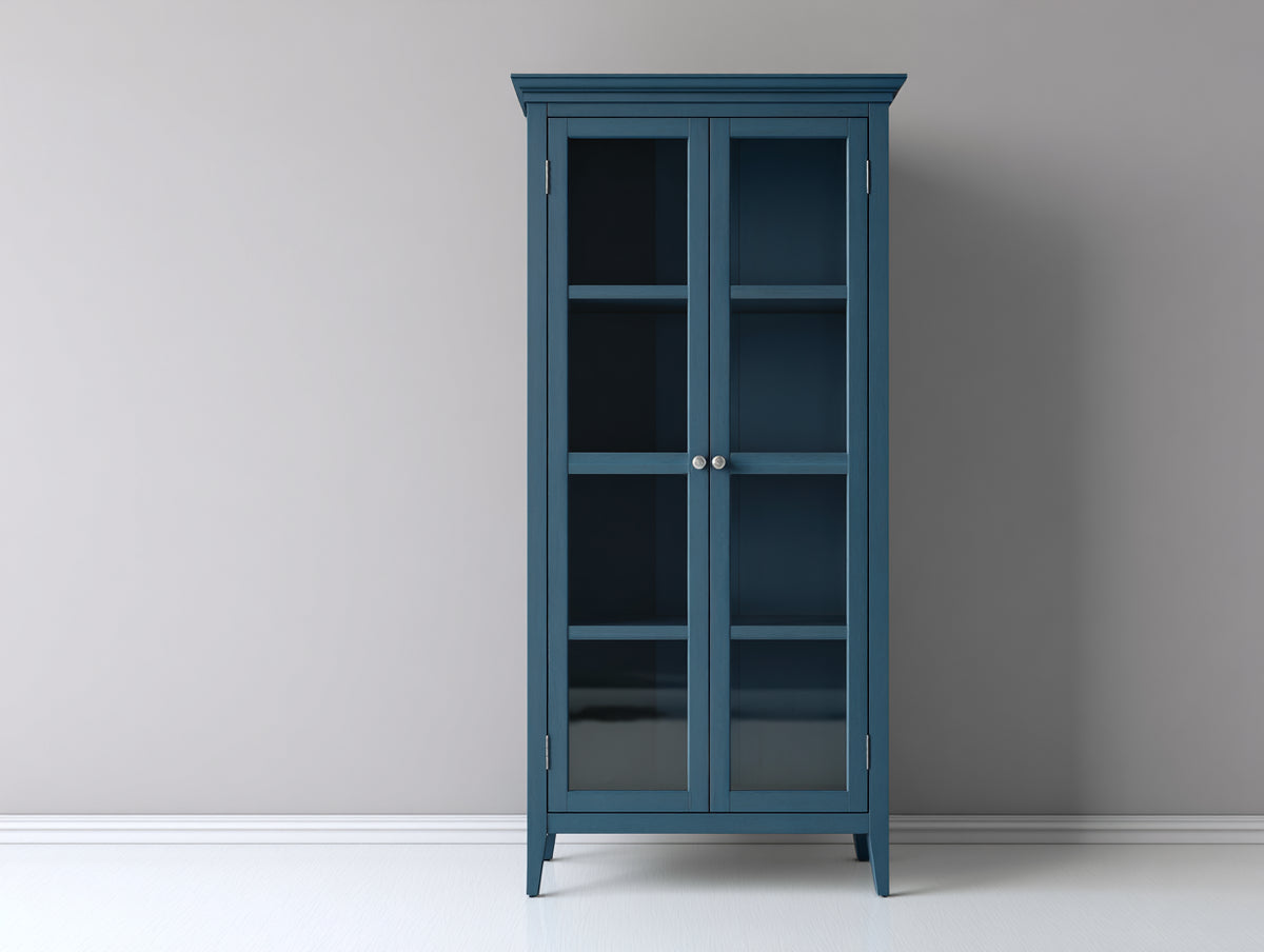 Vitrinen 90 x 40 x 190 cm - Dunkelblau-Silber - 2 Glastüren mit hohem Stauraumdesign