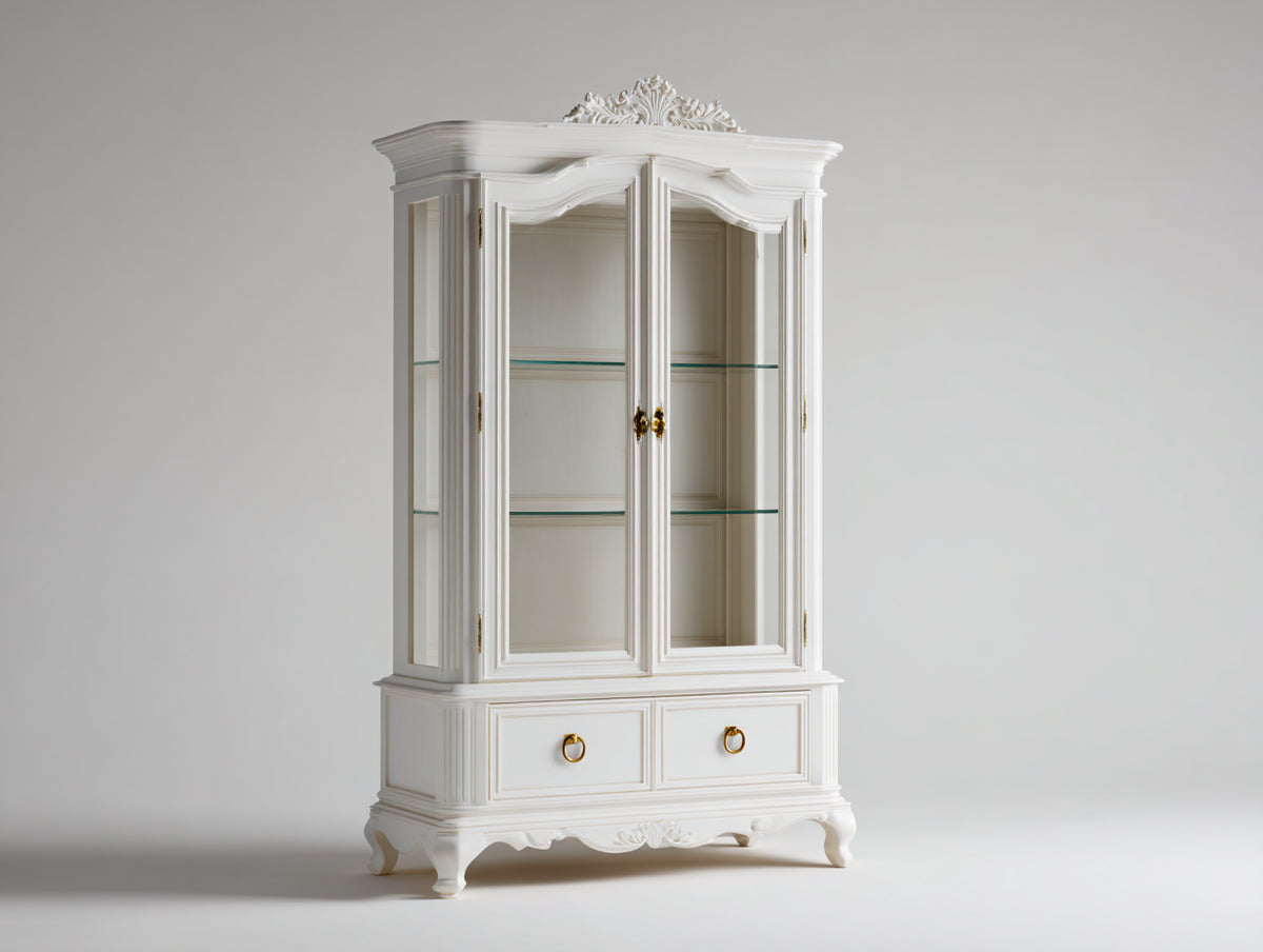 Vitrinen mit Glastüren 120 x 45 x 190 cm - Weiß - 2 Türen und 2 Schubladen im klassischen Design