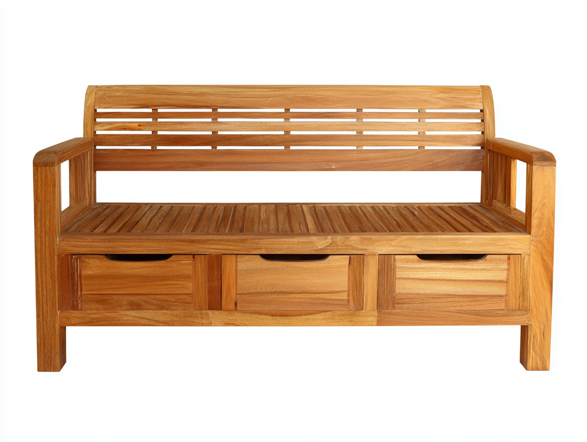 Gartenbank aus Holz 150 x 60 x 90 cm - Natur - Lattenkonstruktion mit 3 Schubladen unter der Sitzfläche