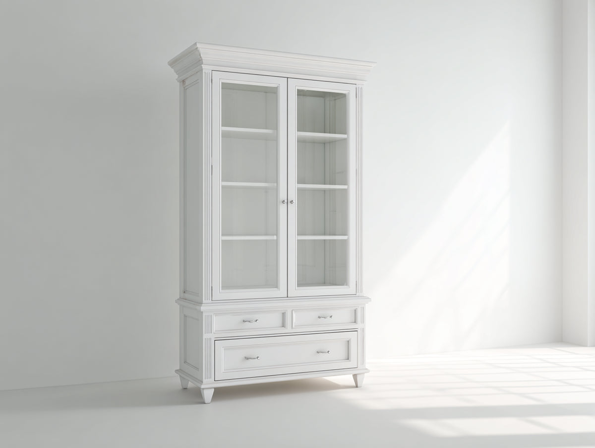 Vitrinen Holz und Glas 110x45x200 cm - Weiß - klassisches Design mit 2 Glastüren und 3 Schubladen
