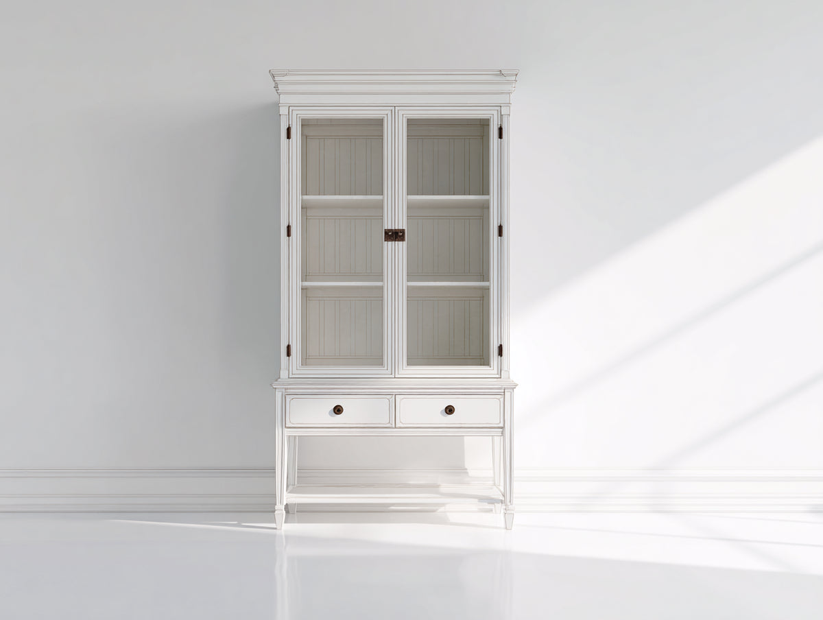 Vitrinen aus Holzwerkstoff 100 x 42 x 200 cm - Weiß - Landhausstil mit 2 Glastüren und 2 Schubladen