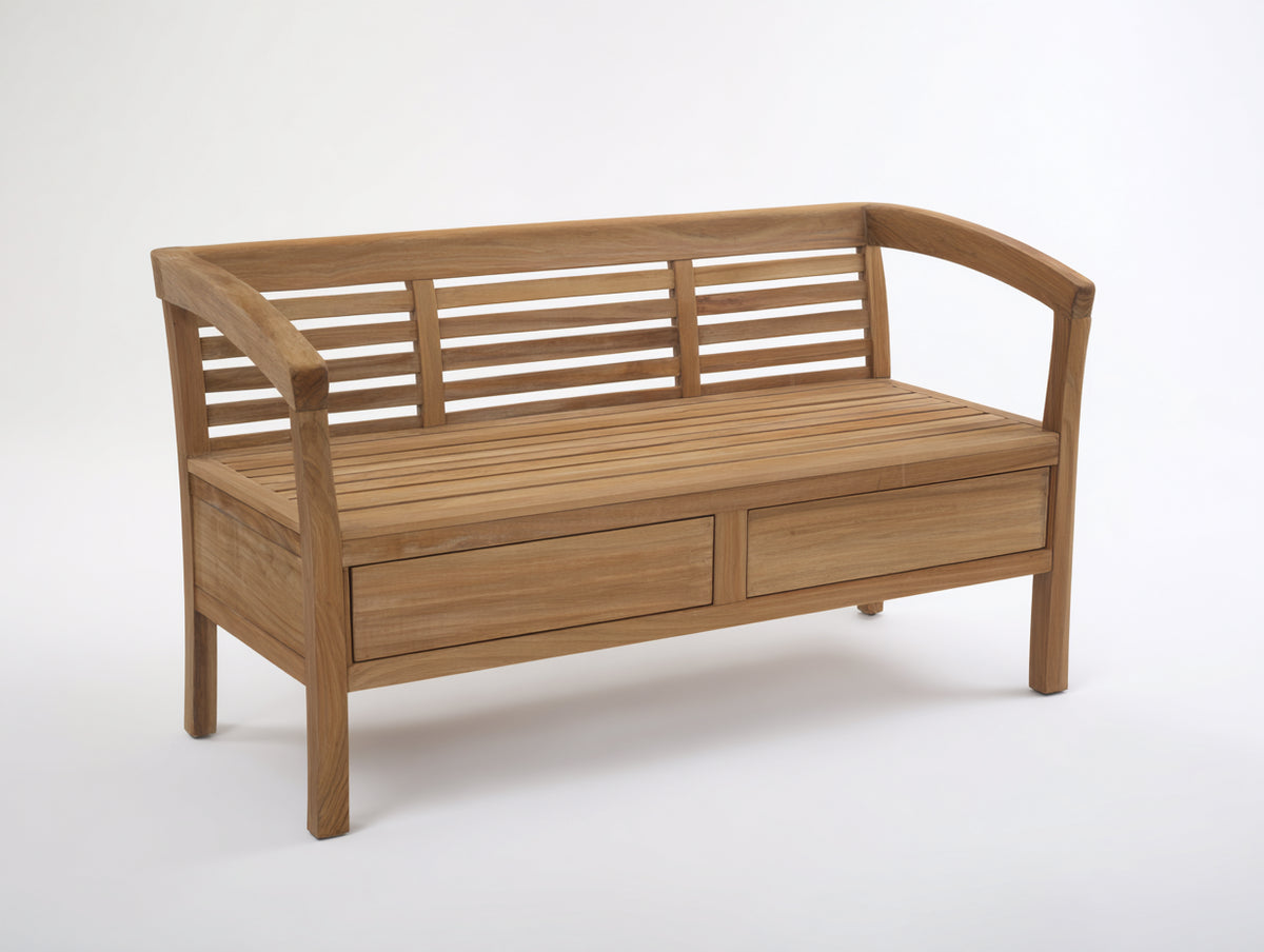 Gartenbank aus Holz 160 x 65 x 90 cm - Naturholz - 2 Schubladen mit Lamellenrücken und Armlehnen