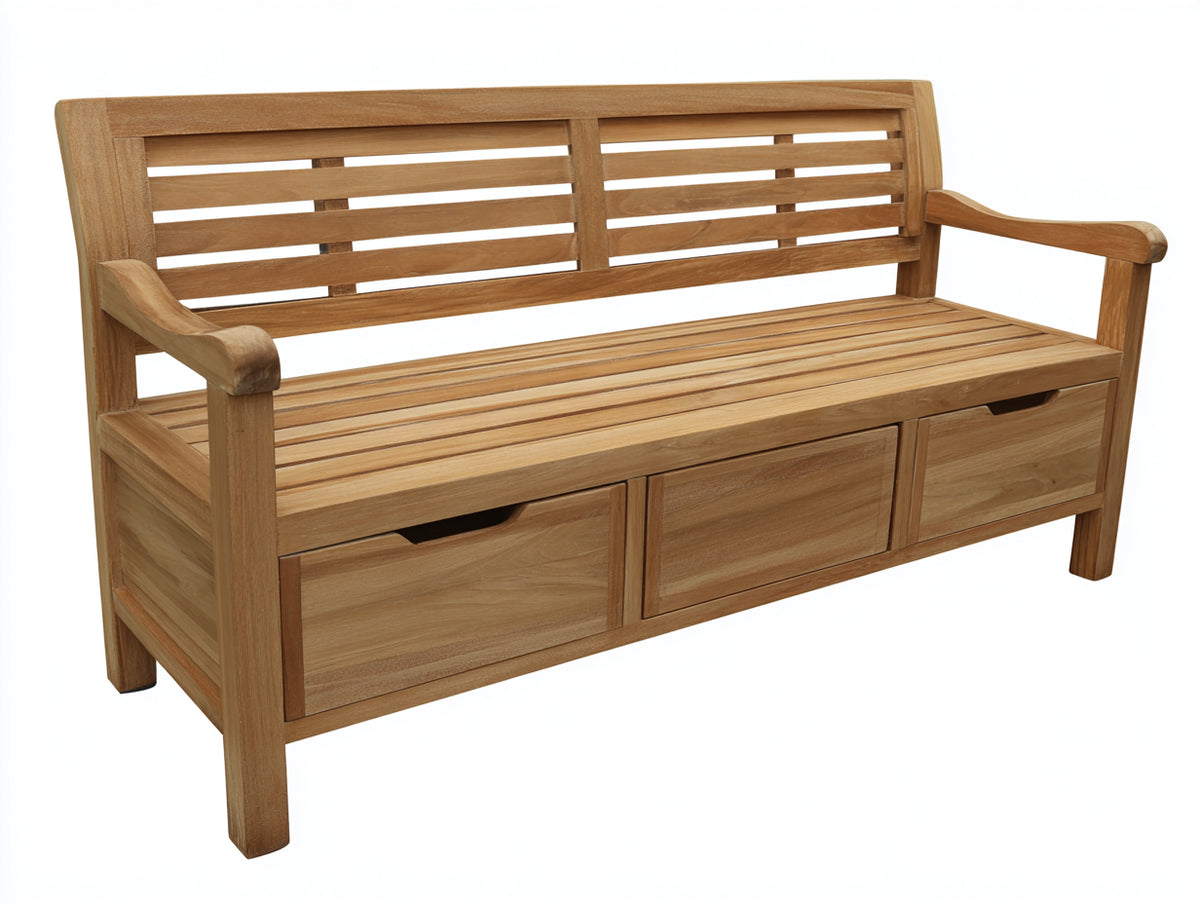 Gartenbank aus Holz 180 x 65 x 90 cm - Naturholz - 3 Schubladen mit Lamellenrücken und Armlehnen