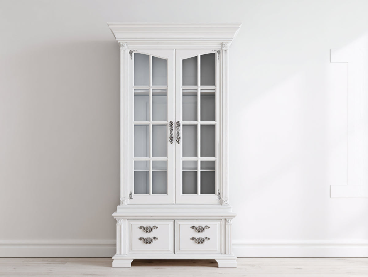 Vitrinen aus Holzwerkstoff 105 x 45 x 205 cm - Weiß - Klassisches Design mit 2 Glastüren und 2 Schubladen