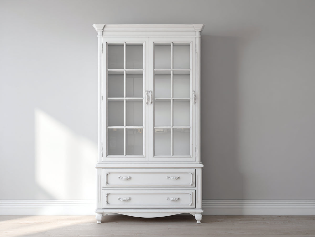 Vitrinen 110 x 45 x 200 cm - Weiß-Silber - 2 Glastüren und 2 Schubladen im klassischen Design